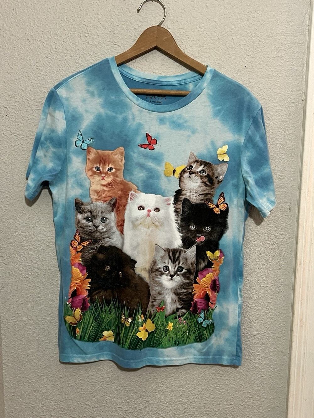 Mad Engine Cat Kitten Butterfly T Shirt Large Blue Tie Dye Catcore Graphic Tee